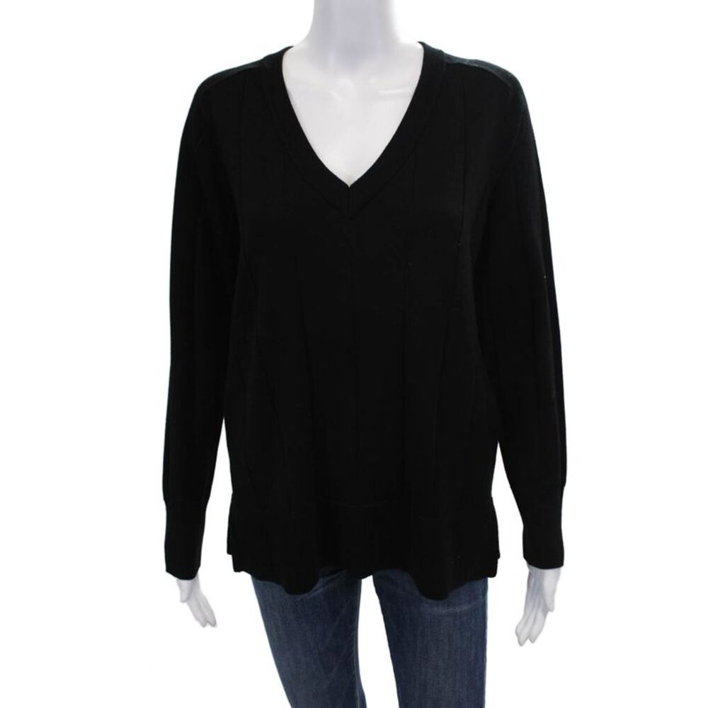 MK Metric Knits Womens Ribbed V-neck Pullover Sweater Top Black Size M